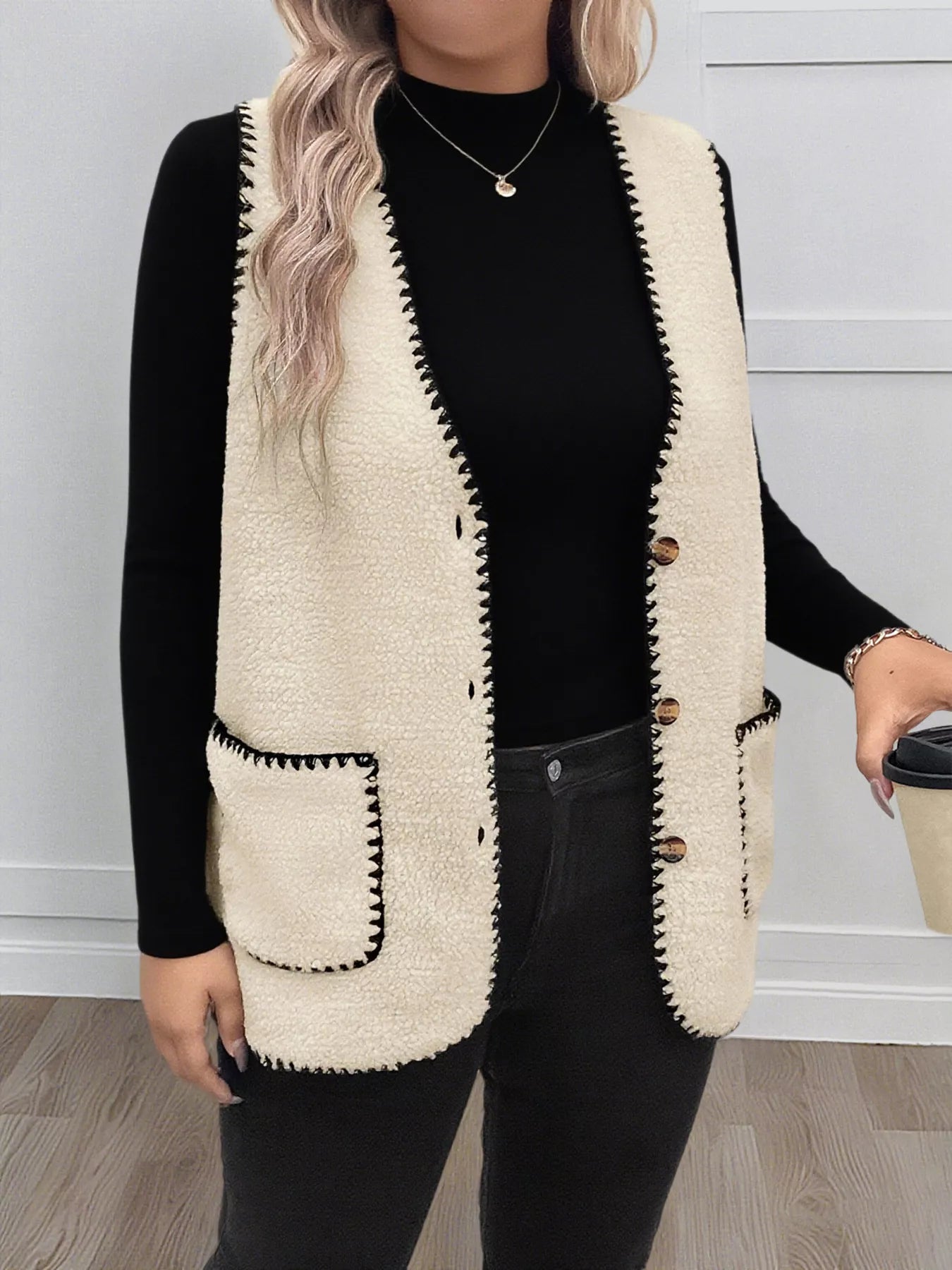 Plus Size Pocketed Contrast Trim Button-Up Vest Coat in 100% Polyester for Stylish Layering
