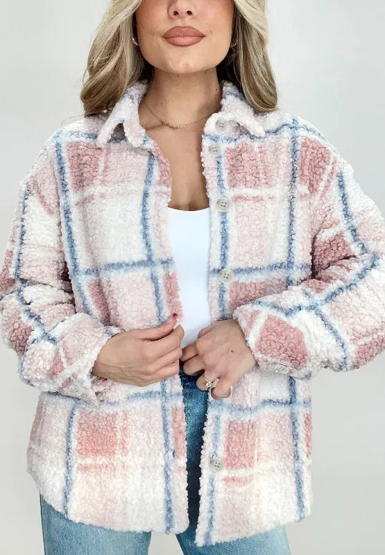 Plaid Sherpa Jacket with Buttoned Collared Neck - 100% Polyester, Comfortable Fit
