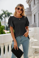 Trendsi Eyelet Flutter Sleeve Semi-Sheer Round Neck Casual Top - 100% Polyester - Store 42