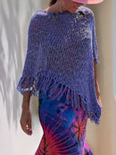 Tassel Boat Neck Knit Shawl Purple
