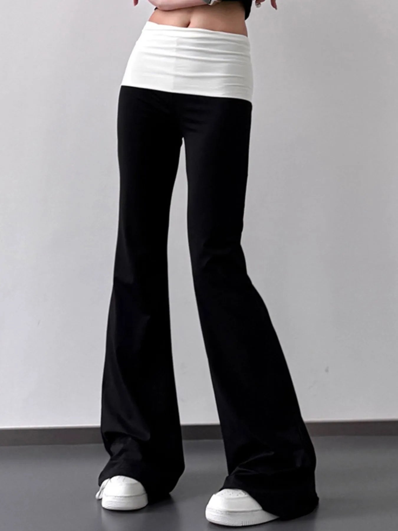 Trendsi 100% Polyester Contrast Waistband Flare Pants for Women - Stylish & Comfortable