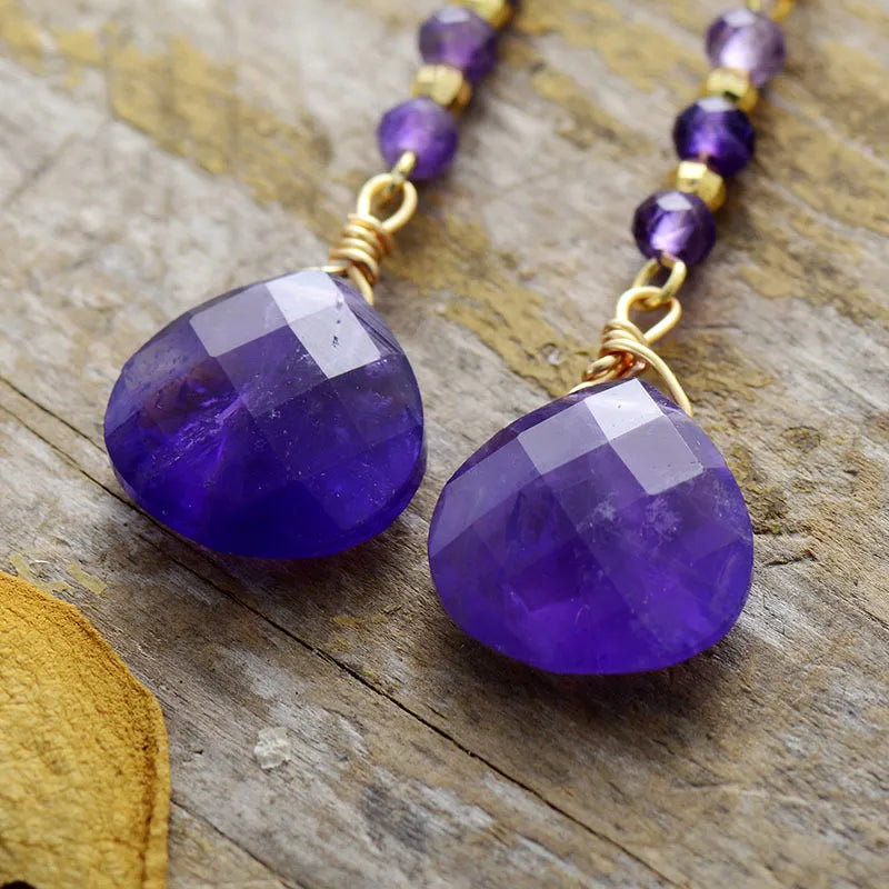 Elegant 18K Gold-Plated Natural Stone Bead Shape Earrings with Amethyst Accents - 2.2" Long