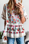 Floral Print Round Neck Ruffle Trim Blouse Floral