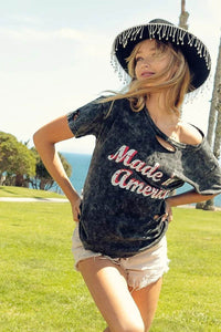 Trendy Laser Cut Mineral Washed Top with America Print - 100% Cotton Patriotic Style - Store 42