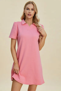 Double Take Full Size Texture Short Sleeve Dress Pink