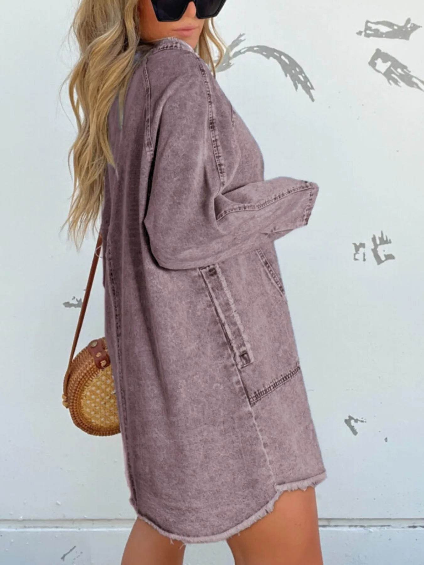 Full Size Button-Front Long Sleeve Denim Shirt Dress Plus Size - Store 42
