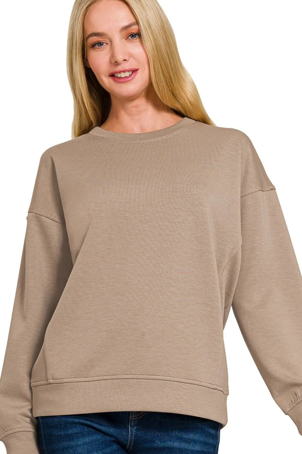 Oversized Taupe Scuba Sweatshirt – Soft Cotton Blend, Relaxed Fit, Classic Crew Neck