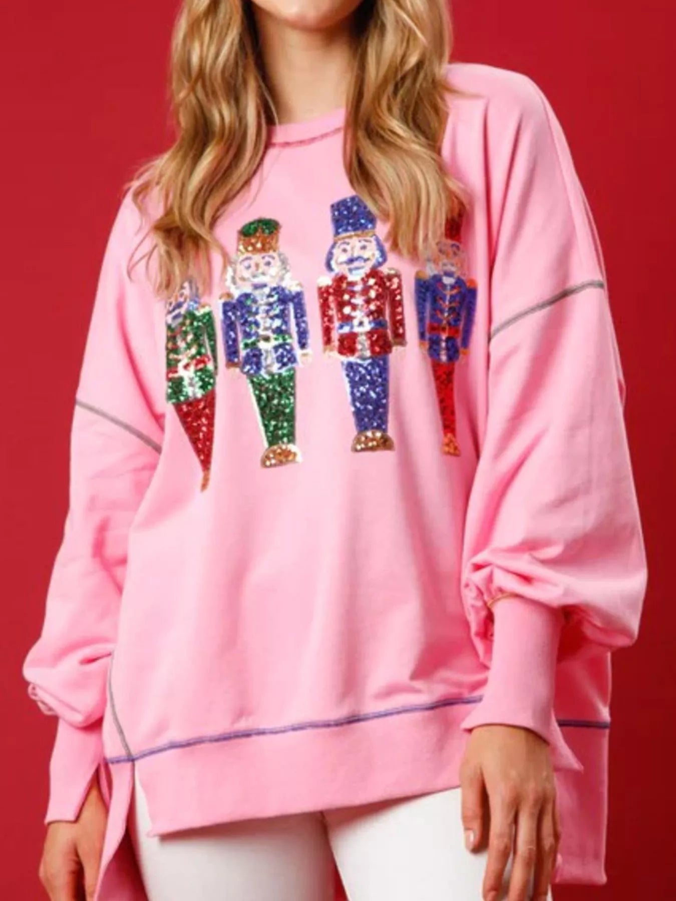 Unique Christmas Nutcracker Sequin Sweatshirt with Slight Stretch - Festive Round Neck Design