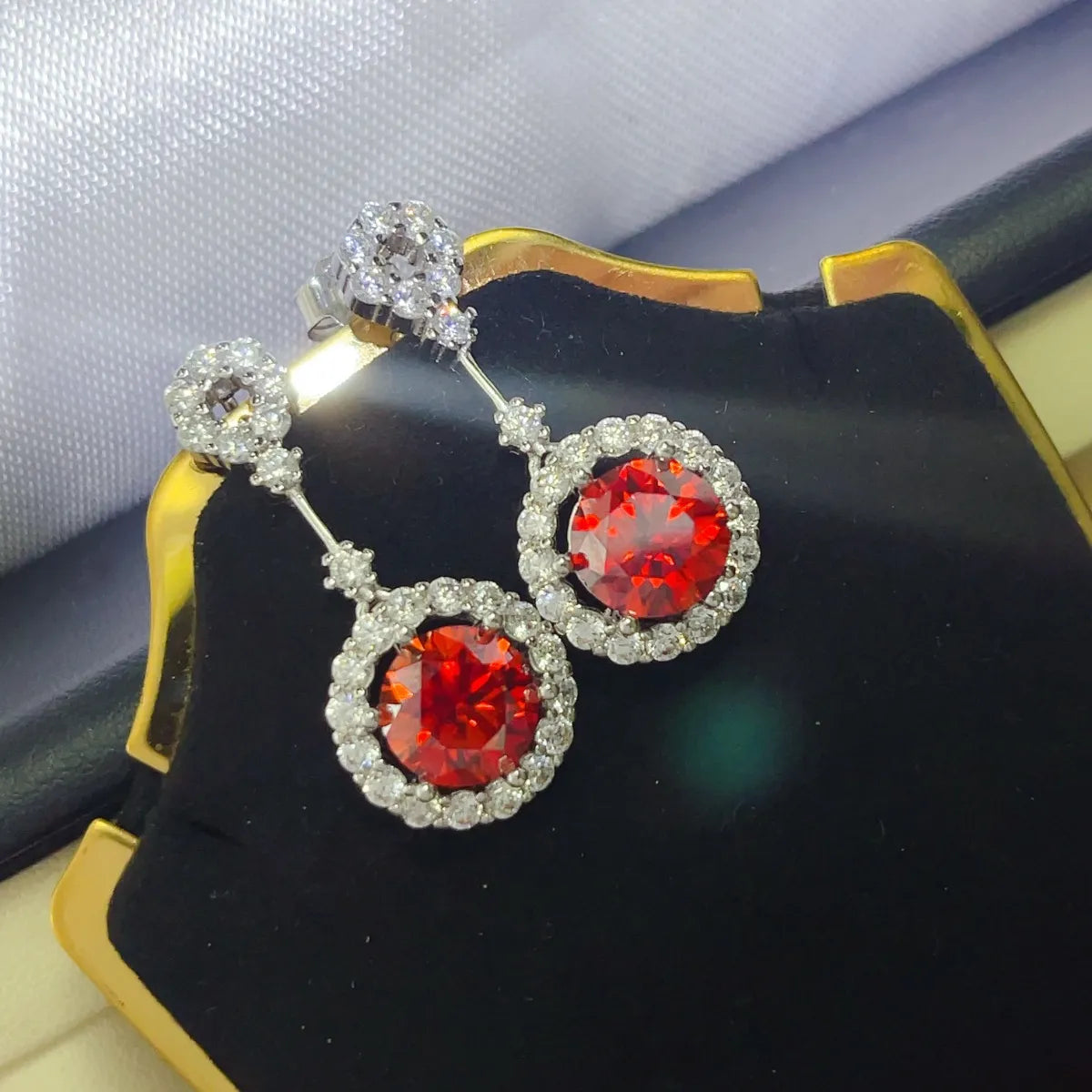 4 Carat Ruby Red Crystal Drop Earrings with Rhinestone Halo