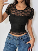 Trendy Lace Round Neck Short Sleeve Top - Highly Stretchy Polyester Blend - Store 42