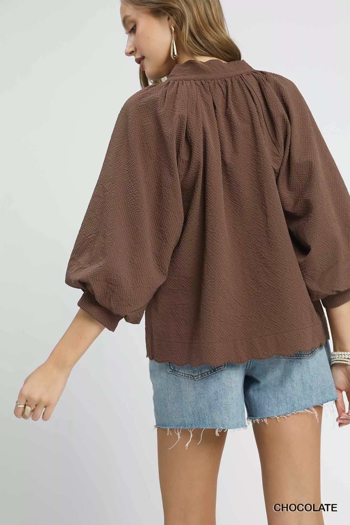 Umgee Full Size Textured Notched Balloon Sleeve Blouse Plus Size