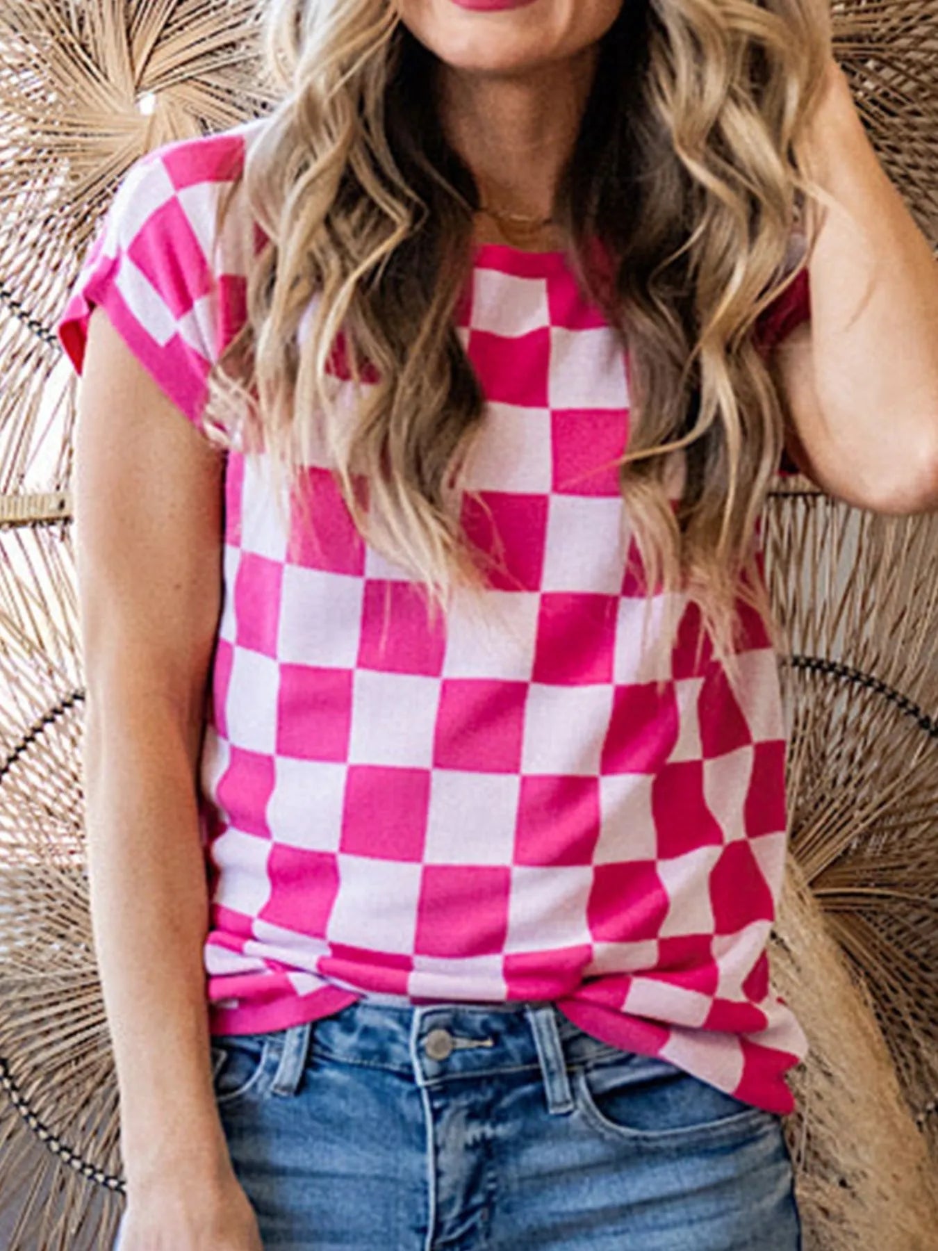 Trendy Checkered Cap Sleeve Casual Sweater Top - Slightly Stretchy Fabric, Comfortable Fit