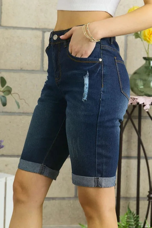 Trendy ADORA Distressed Denim Shorts with Pockets - Casual & Slightly Stretchy for Summer