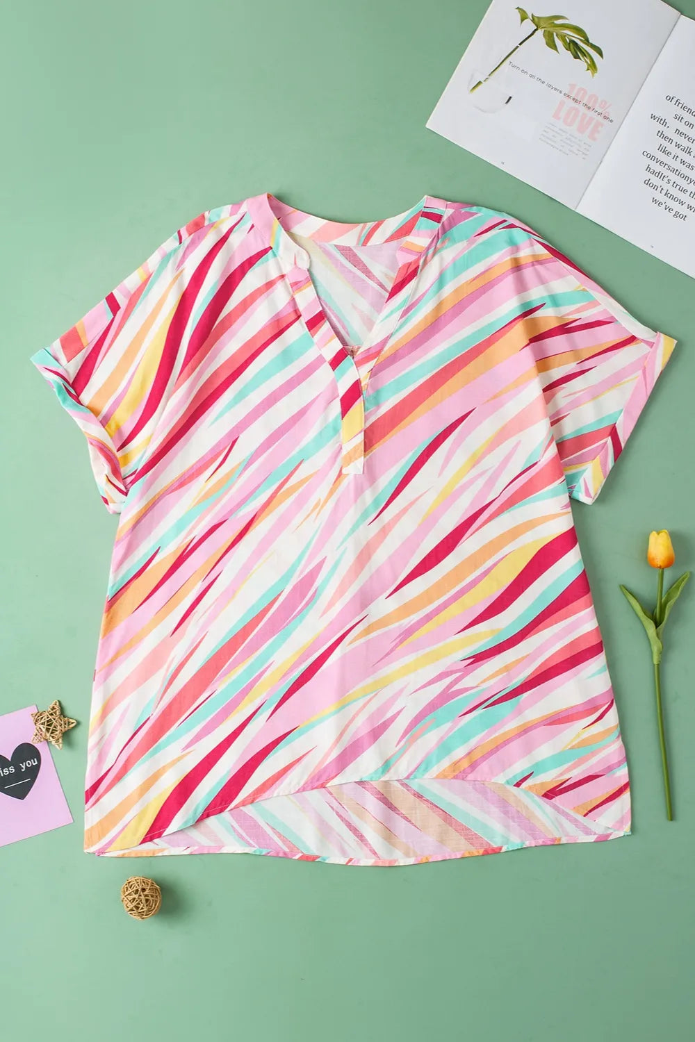 Stylish Plus Size Printed Notched Blouse for Women - Short Sleeves & Opaque Viscose Material