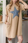 Mineral Wash Stud Beaded Star Pocketed T Shirt Dress Khaki