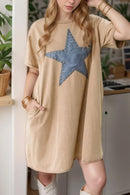 Mineral Wash Stud Beaded Star Pocketed T Shirt Dress Khaki
