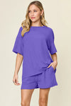 Double Take Basic style Round Neck Solid Set Light Indigo