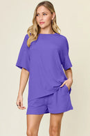 Double Take Basic style Round Neck Solid Set Light Indigo