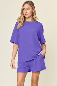 Double Take Basic style Round Neck Solid Set Light Indigo