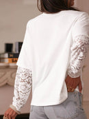 Lace Detailed Long Sleeve Drop Shoulder Tee - Slightly Stretchy Casual Top - Store 42