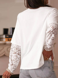 Lace Detailed Long Sleeve Drop Shoulder Tee - Slightly Stretchy Casual Top - Store 42