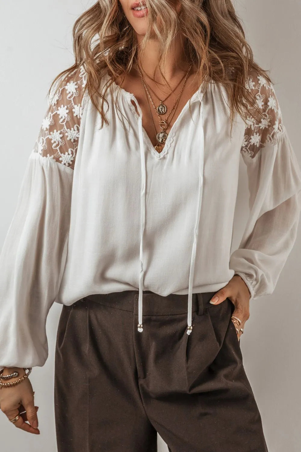 Lace Detail Tie Neck Semi-Sheer Long Sleeve Blouse in 100% Viscose - Trendsi Fashion