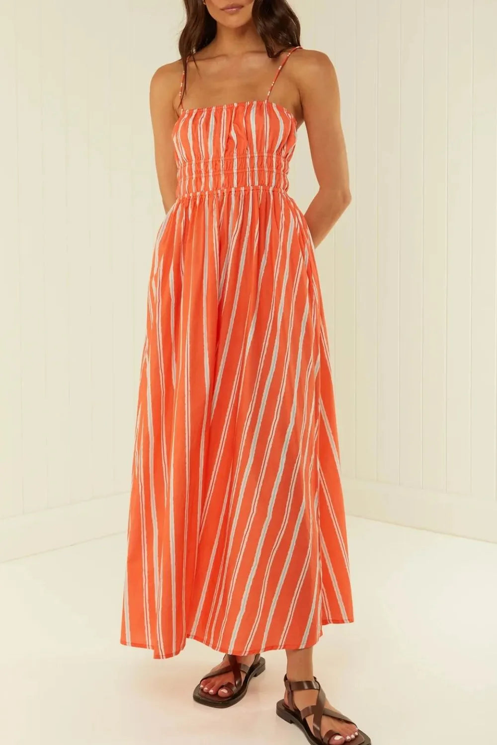 Stylish Striped Square Neck Cami Dress with Pockets and Ruched Details - 100% Polyester