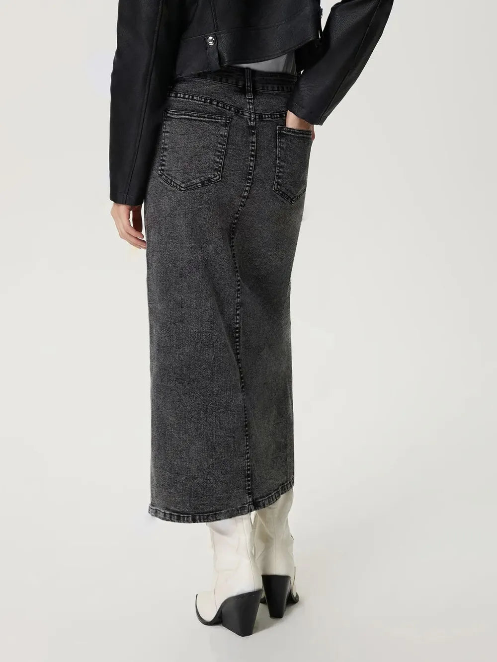 Stylish Slit Midi Denim Skirt with Pockets - Classic Button Detail, Non-Stretch Fabric