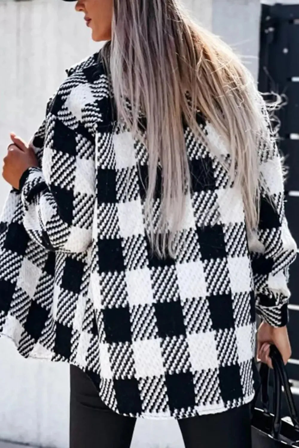 Trendy Plaid Button-Up Jacket for Women - Long Sleeve, Pocketed, 100% Polyester