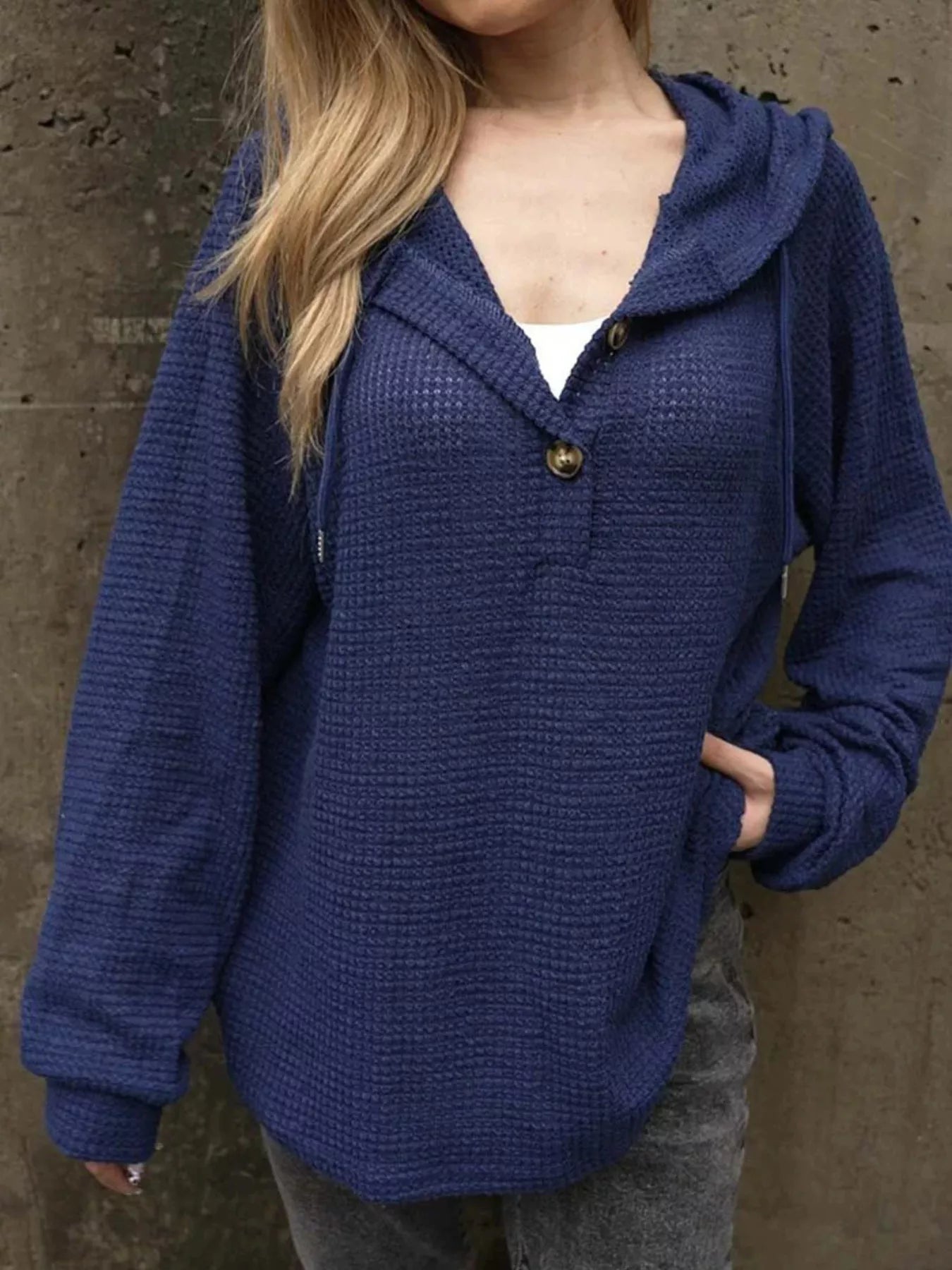Stylish Waffle Knit Hoodie With Button Detail and Adjustable Drawstring - Perfect For Layering