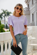 Trendsi Eyelet Flutter Sleeve Semi-Sheer Round Neck Casual Top - 100% Polyester - Store 42