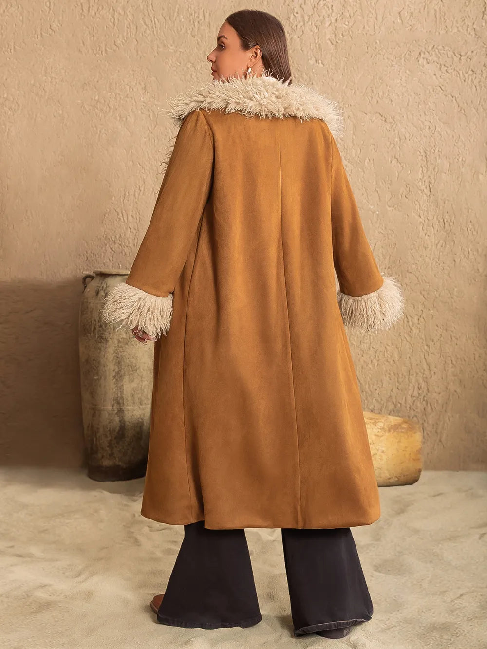 Plus Size Open Front Long Sleeve Coat with Furry Trim - Stylish and Comfortable Outerwear