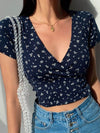 Trendy Floral Surplice Neck V-Neck Short Sleeve Cropped Top - Casual 100% Polyester - Store 42