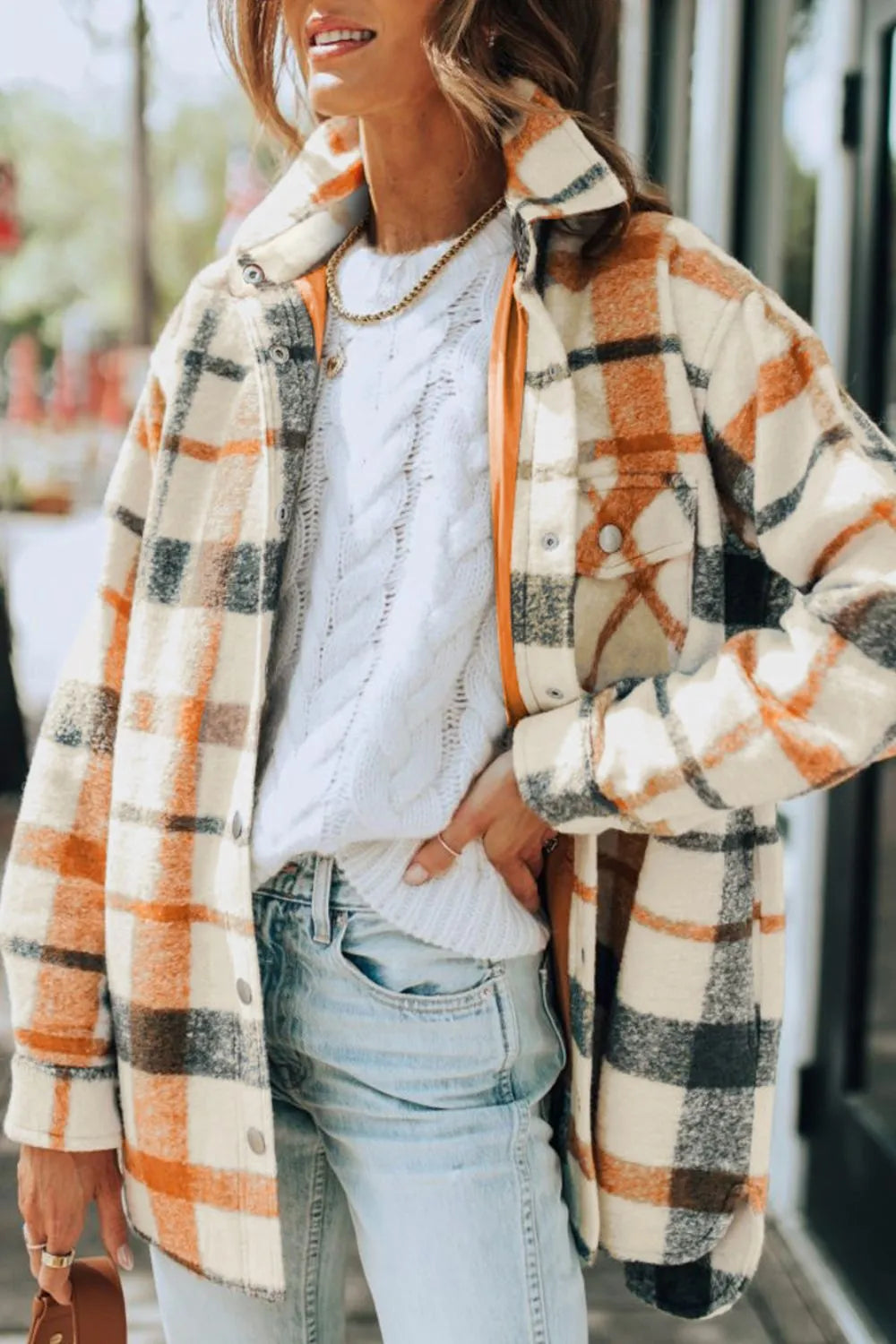 Plaid Snap Down Collared Shacket - 100% Polyester, Buttoned, Partially Lined, Machine Washable