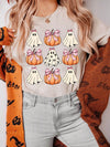 Halloween Ghost Pumpkin Bowknot T-Shirt, Slightly Stretchy, 62% Polyester, Fun Graphic Top - Store 42
