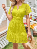 Eyelet Notched Short Sleeve Dress Yellow Green