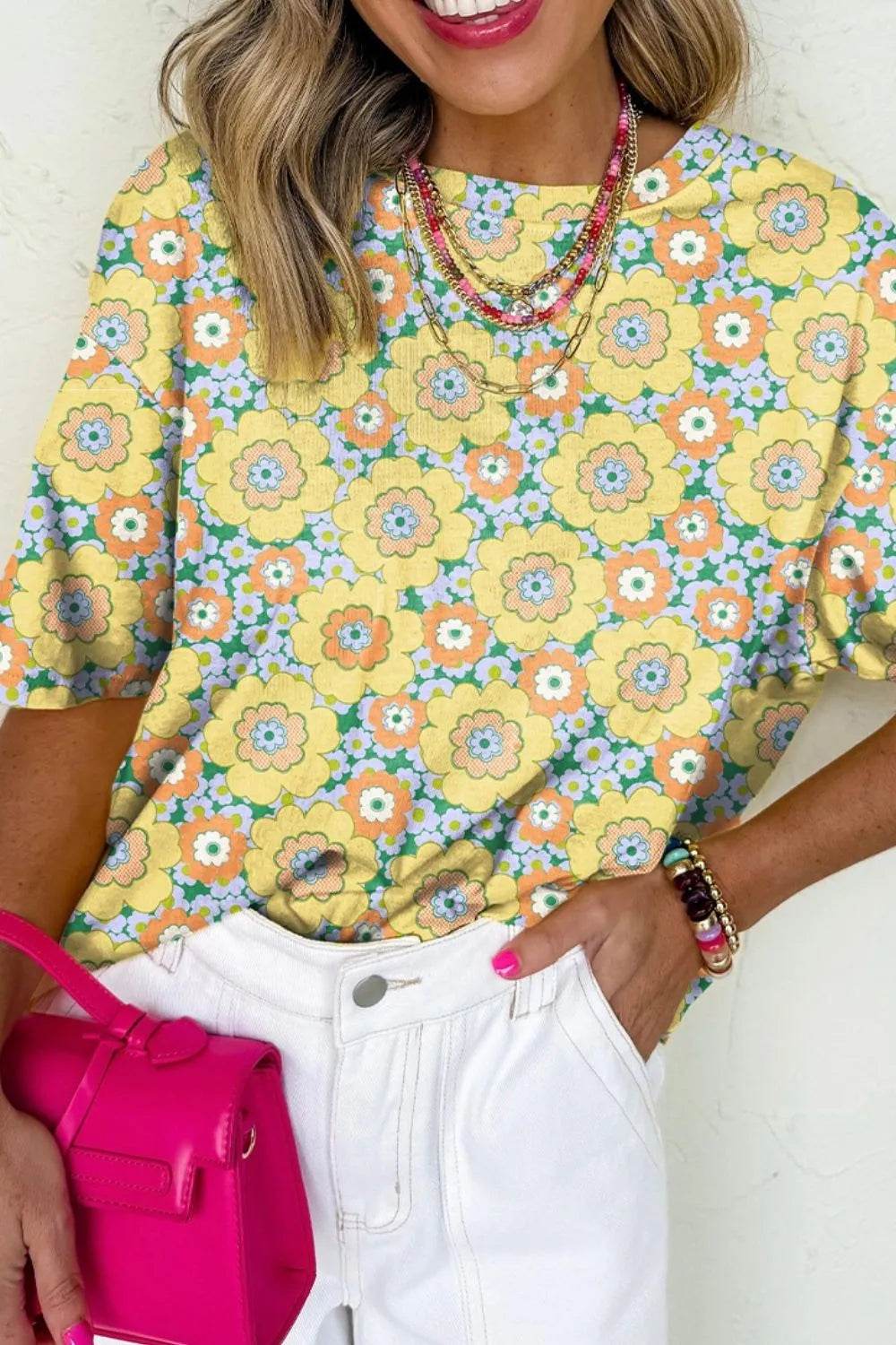 Floral Print Oversized T-Shirt with Round Neck - Soft Stretchy 95% Polyester Blend - Store 42