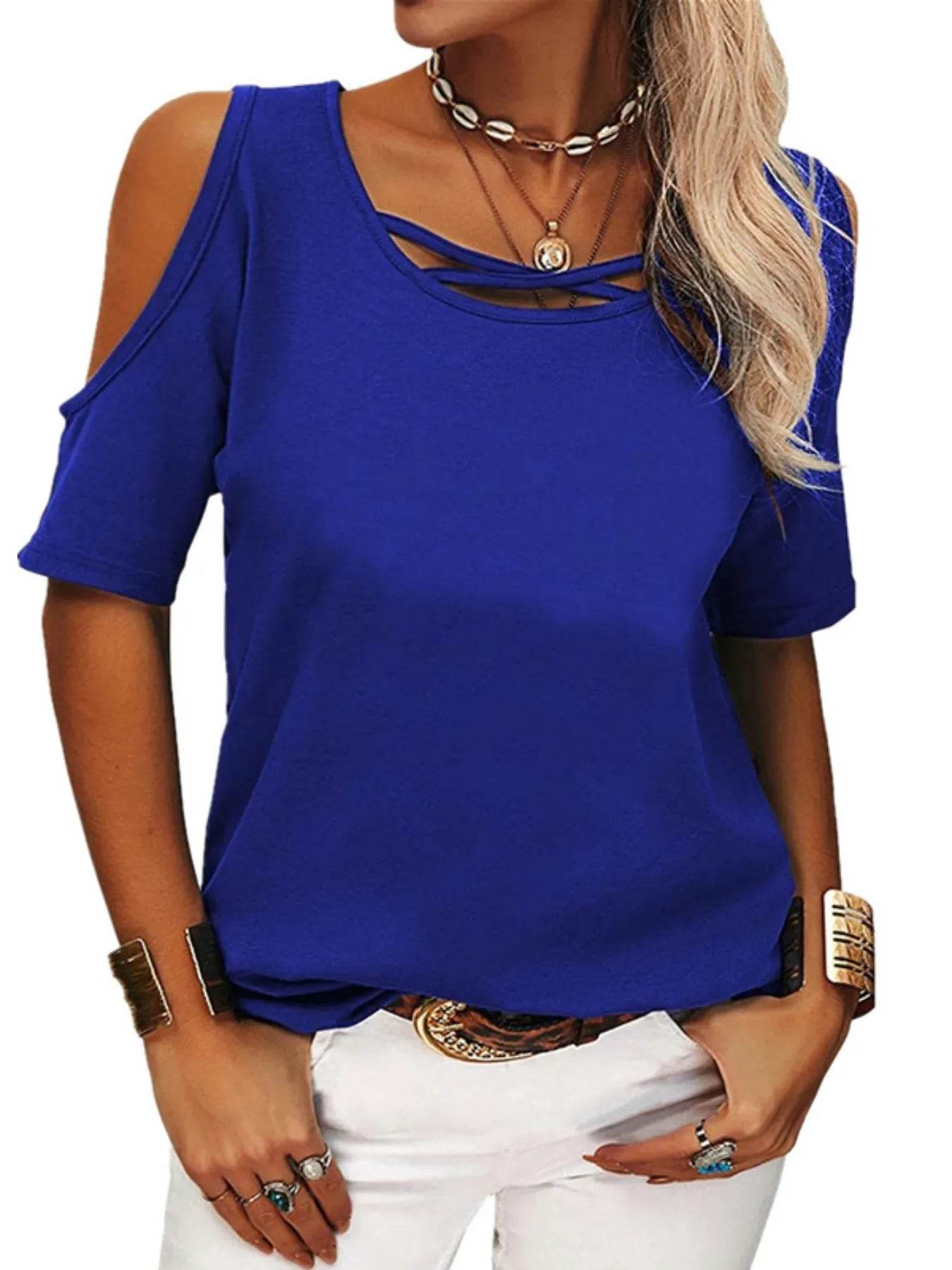 Full Size Crisscross Cold Shoulder Casual T-Shirt Plus Size - Store 42