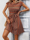 Printed Round Neck Cap Sleeve Dress Caramel