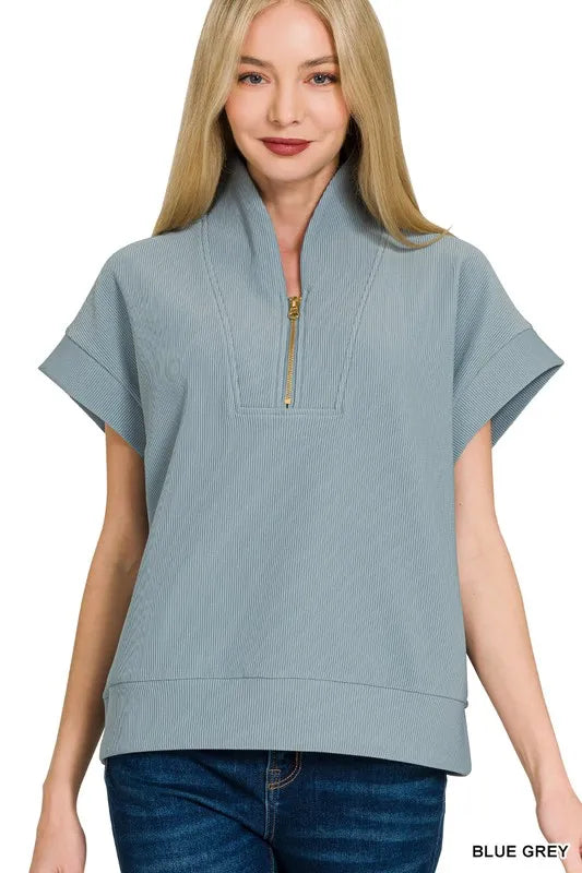 Zenana Ribbed High Neck Half Zip Top - Stylish & Versatile Layering Essential