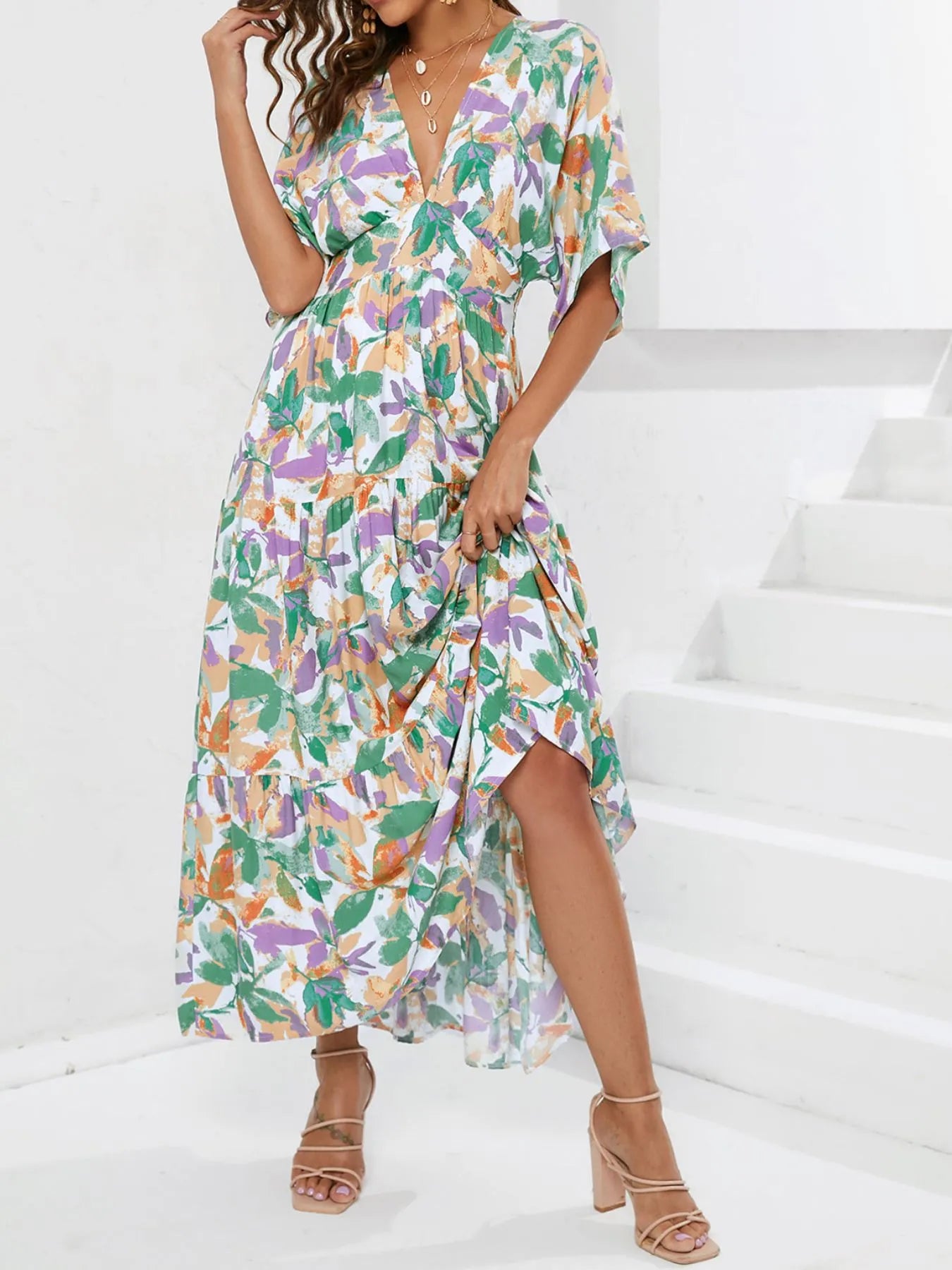 Chic Floral Print V-Neck Boho Midi Dress - 100% Cotton, Ruched, Smocked, Lined Style