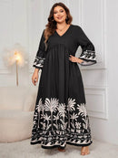 Honey Plus Size Printed V-Neck Long Sleeve Maxi Dress - Store 42