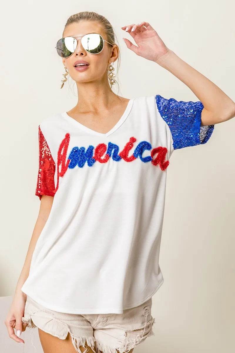 Chic Metallic Letter V-Neck Top with Sequin Sleeves for Glamorous Looks - Store 42