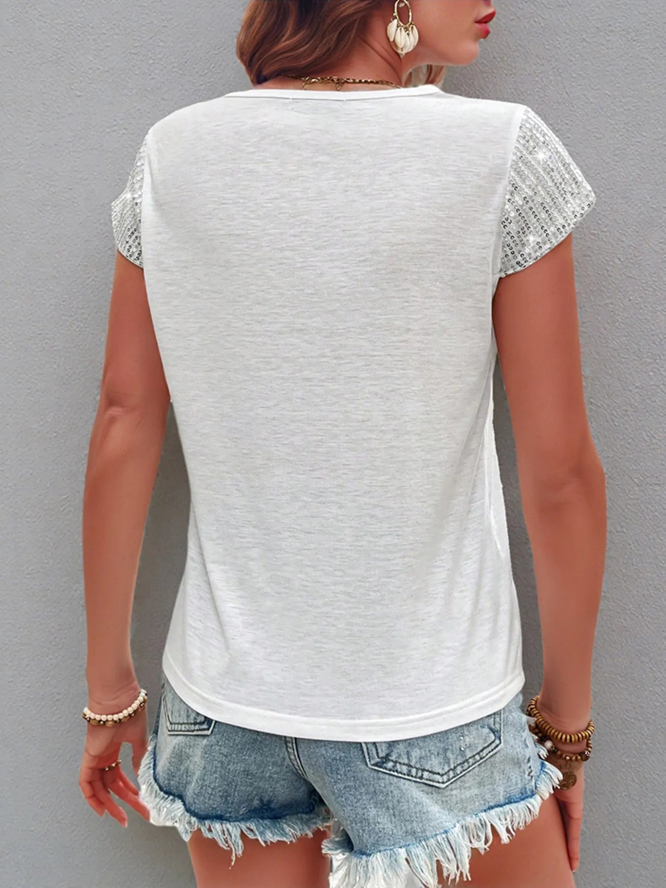 Sequin V-Neck Short Sleeve T-Shirt