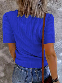 Trendy Solid V-Neck Short Sleeve T-Shirt - Slightly Stretchy, 95% Polyester, 5% Spandex - Store 42