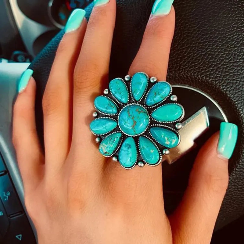 Stylish Artificial Turquoise Alloy Flower Ring - Unique Floral Design for Everyday Elegance