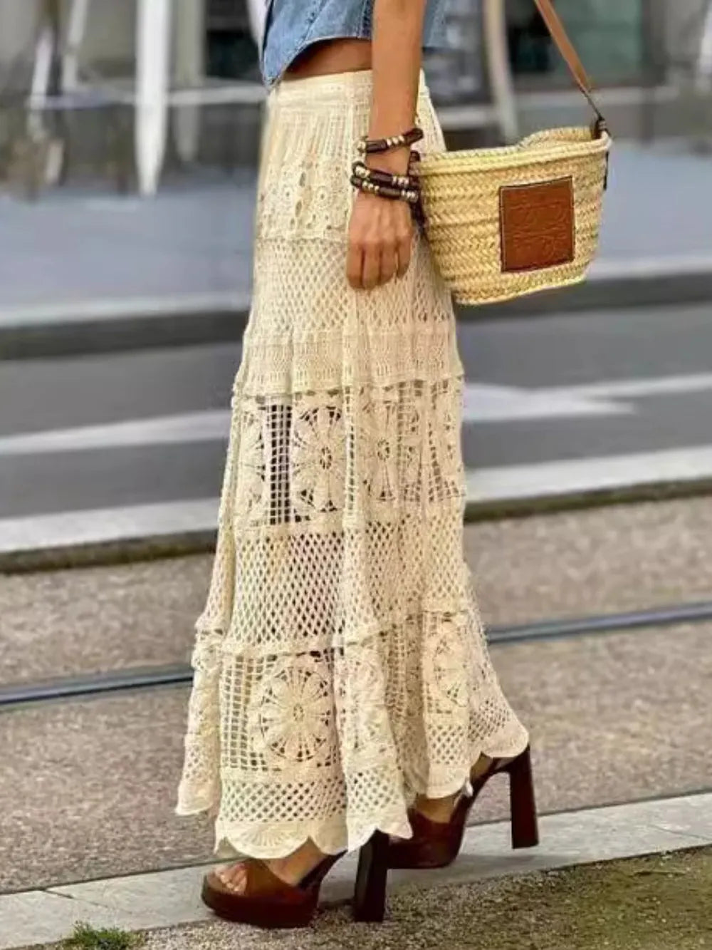 Openwork Crochet Maxi Skirt - Semi-Sheer Lace Design, 100% Polyester, One Size Fits Most