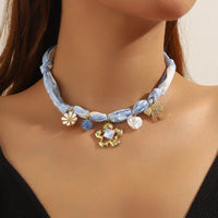 Ribbon Flower Charm Necklace Light Blue onesize