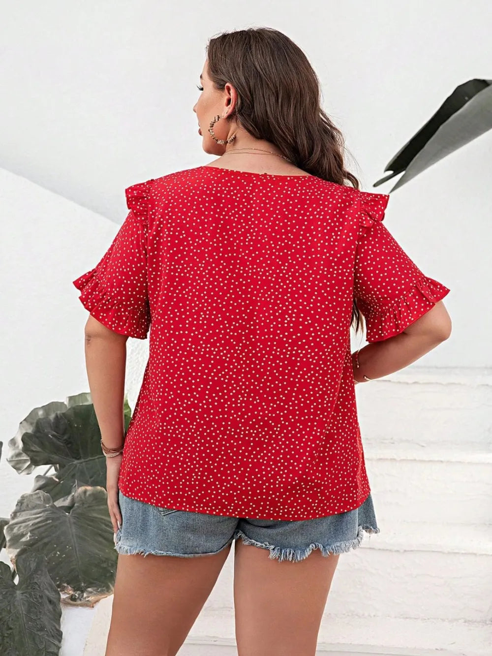 Plus Size Notched Flounce Sleeve Blouse in Polka Dot Pattern - Slightly Stretchy & Opaque Polyester