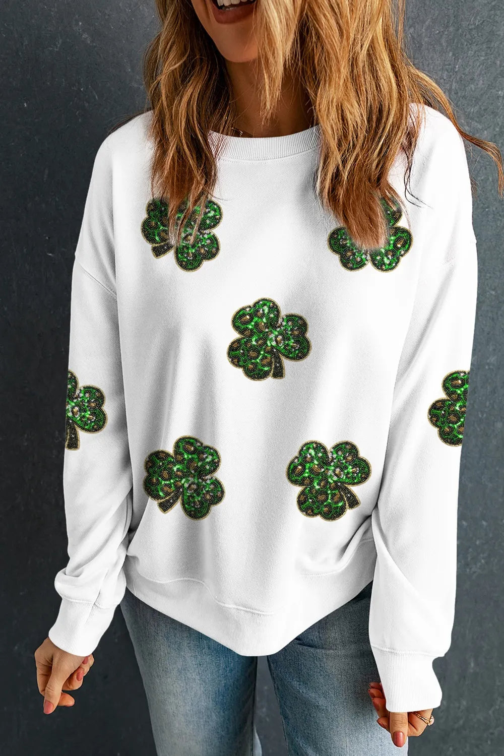 Sequin Lucky Clover Long Sleeve Sweatshirt - Sheer Opaque, Slightly Stretchy, Soft Blend